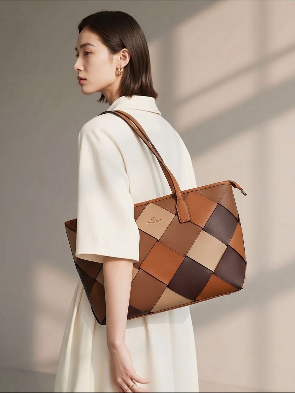 ChrisBella Woven Patchwork Faux Leather Tote Bag in Brown Multi -